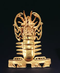 代表龙虾与鳄鱼嘴的吊坠，来自La Vaca，Punta Burica，哥斯达黎加（黄金）